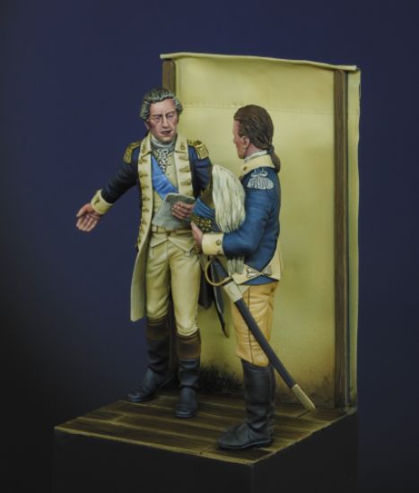 Right side General George Washington talking to Major Benjamin Tallmadge, about the Culper Spy Ring, 1778 a 75mm figure fine scale model kit produced by Hawk Miniatures