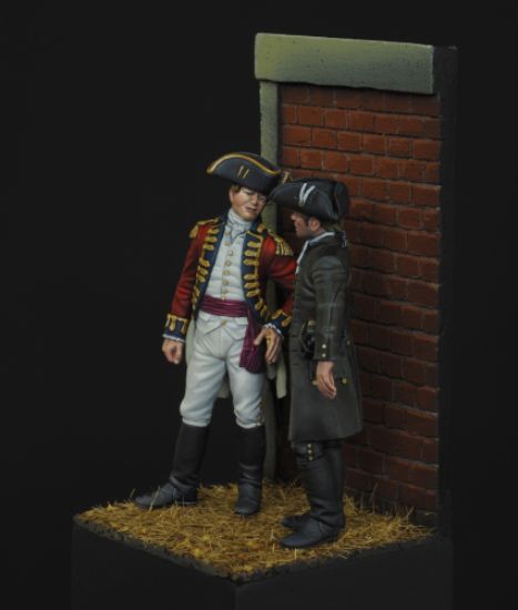 Right Major John André talking to Abraham Woodhull, about the War of Independance, 1778 a 75mm figure fine scale model kit produced by Hawk Miniatures